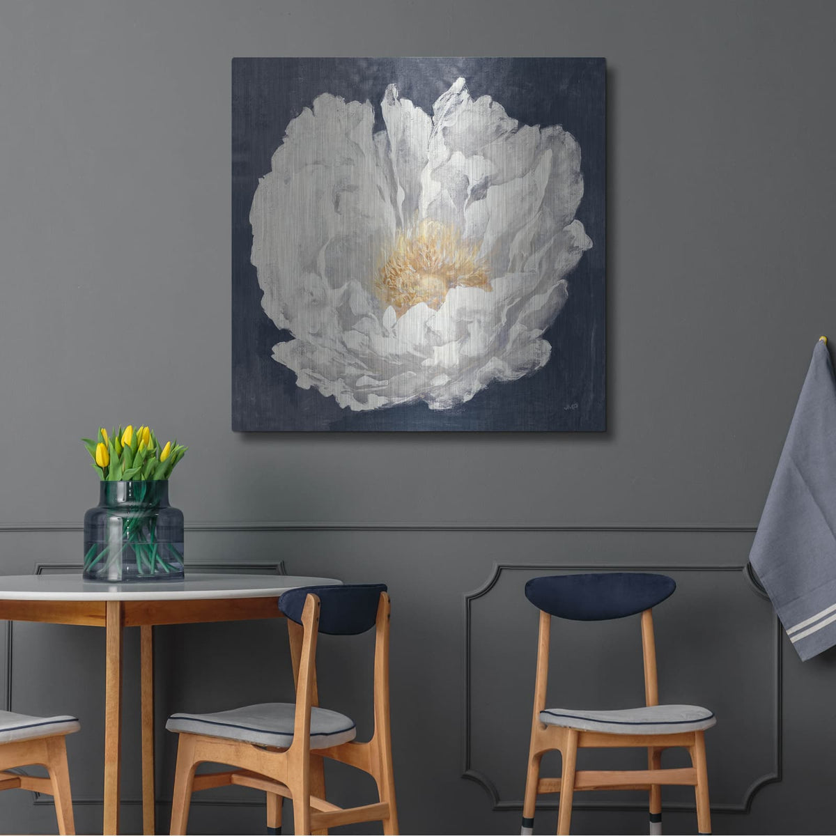 'Serene Peony Navy' by Julia Purinton – Metal Wall Art, 36x36 room view