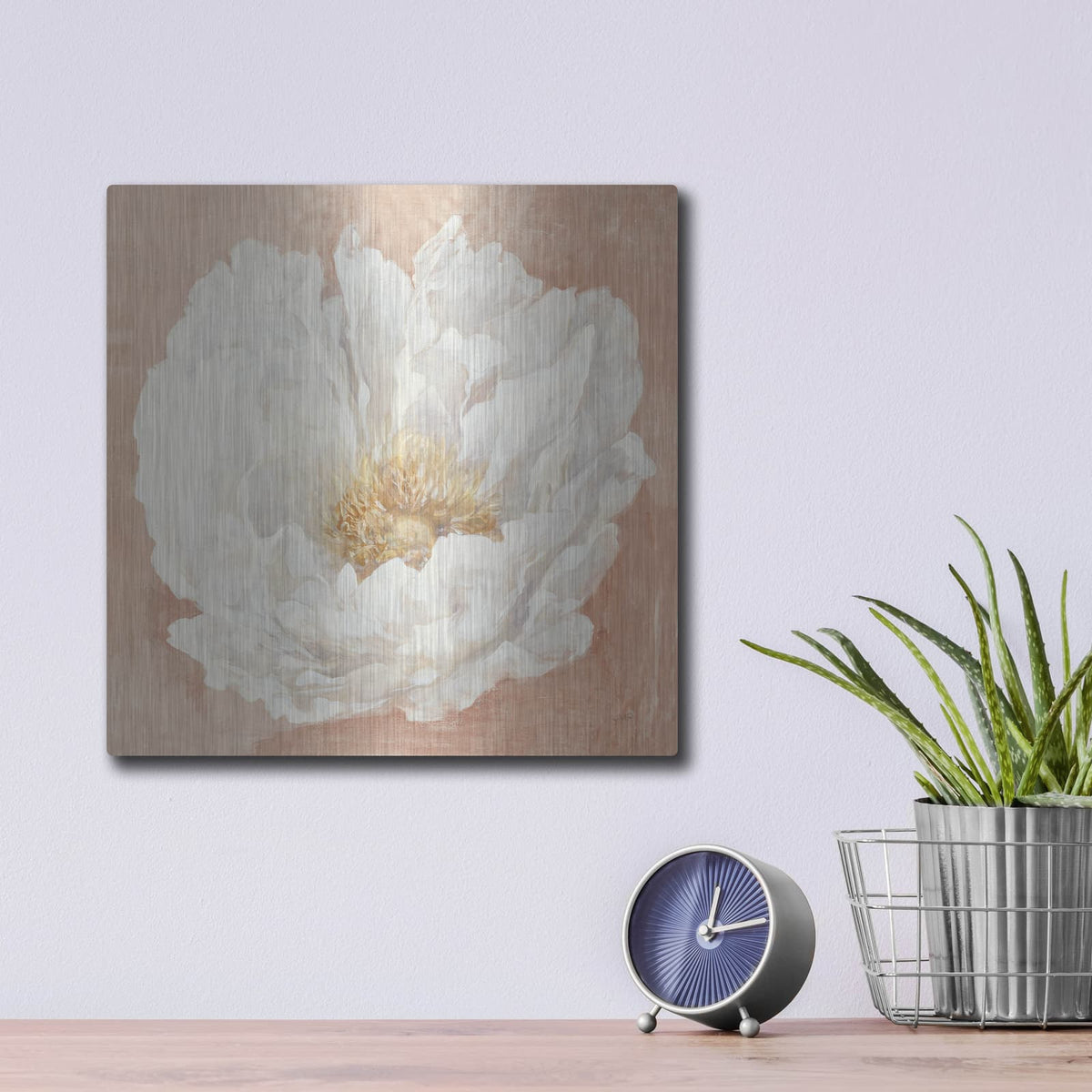 'Serene Peony Terracotta' by Julia Purinton – Metal Wall Art, 12x12 room view