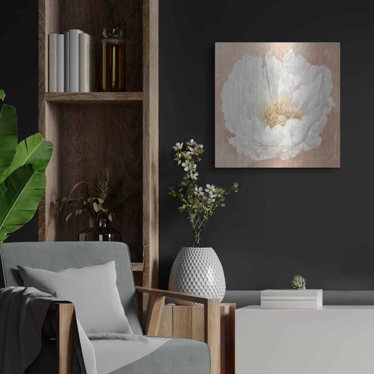 'Serene Peony Terracotta' by Julia Purinton – Metal Wall Art, 24x24 room view