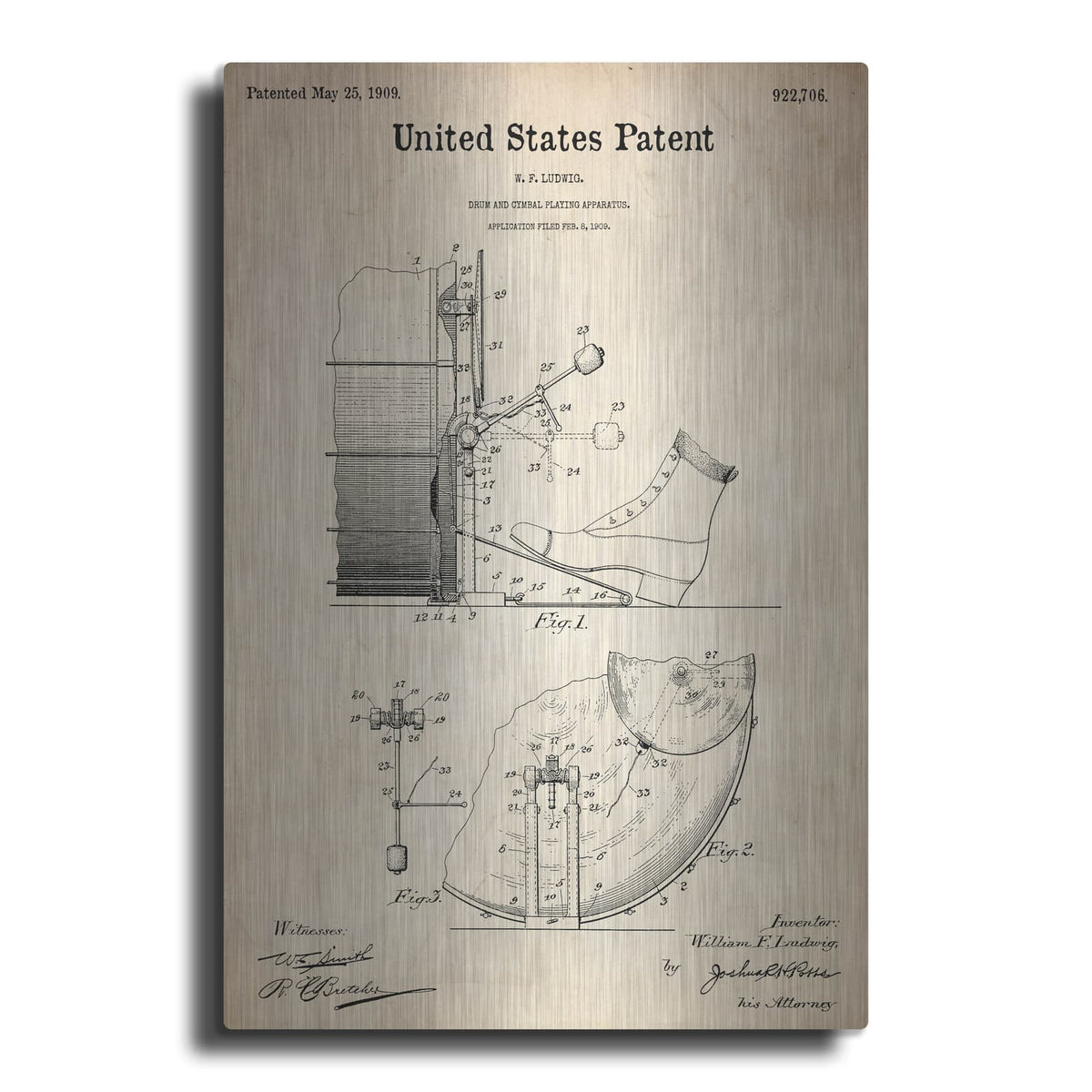 'Drum and Cymbal Blueprint Patent Parchment' – Metal Wall Art