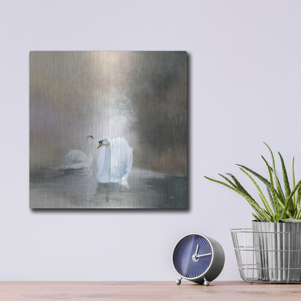 'Swans In Mist' by Julia Purinton – Metal Wall Art, 12x12 room view