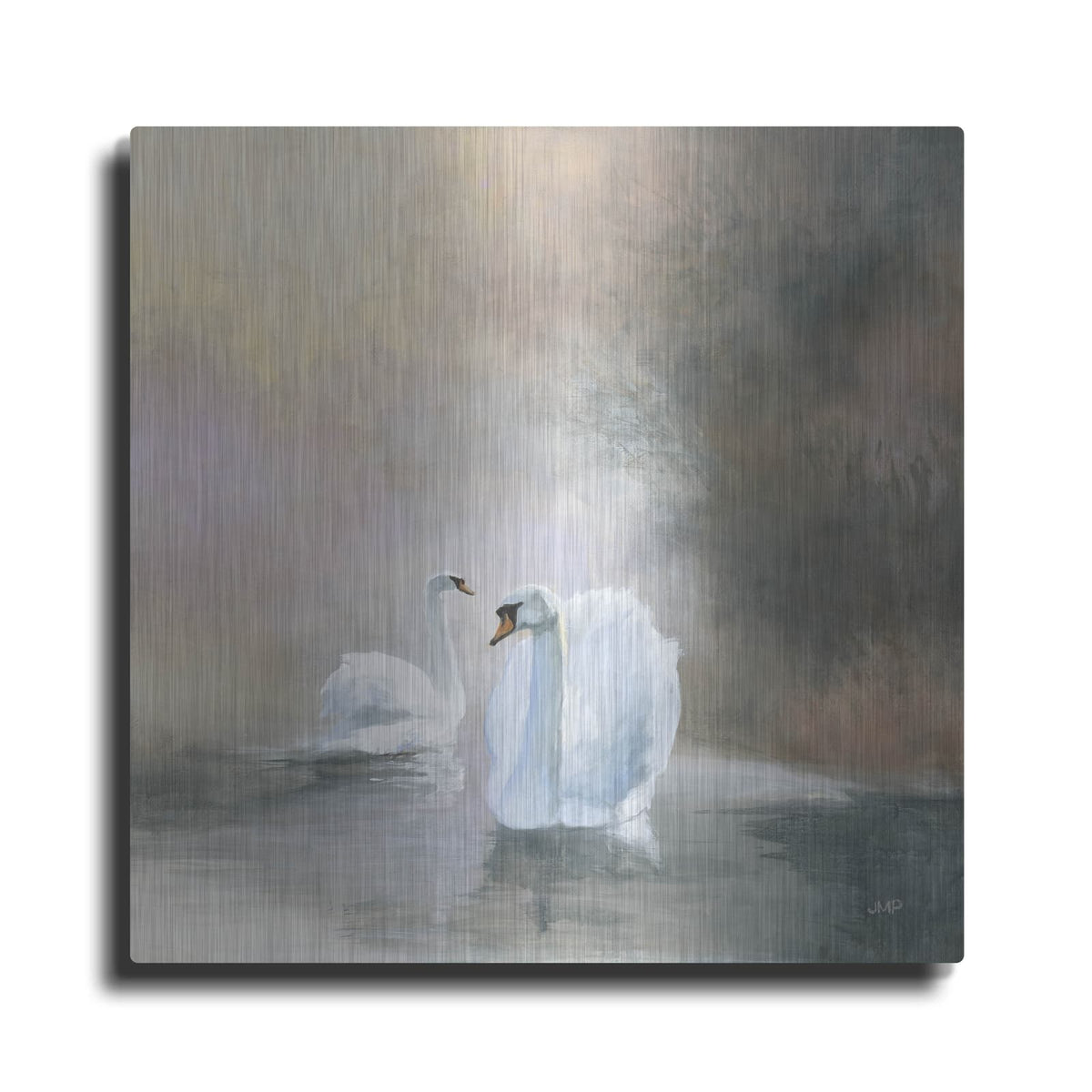 'Swans In Mist' by Julia Purinton – Metal Wall Art