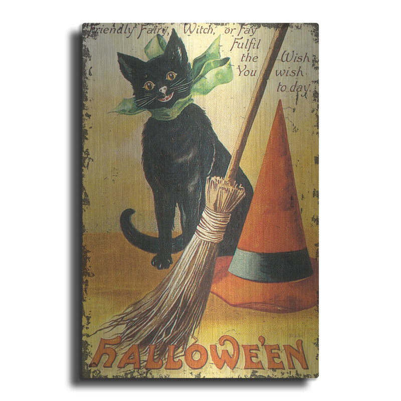 'Halloween Nostalgia Cat With Broom' by Katie Pertiet – Metal Wall Art
