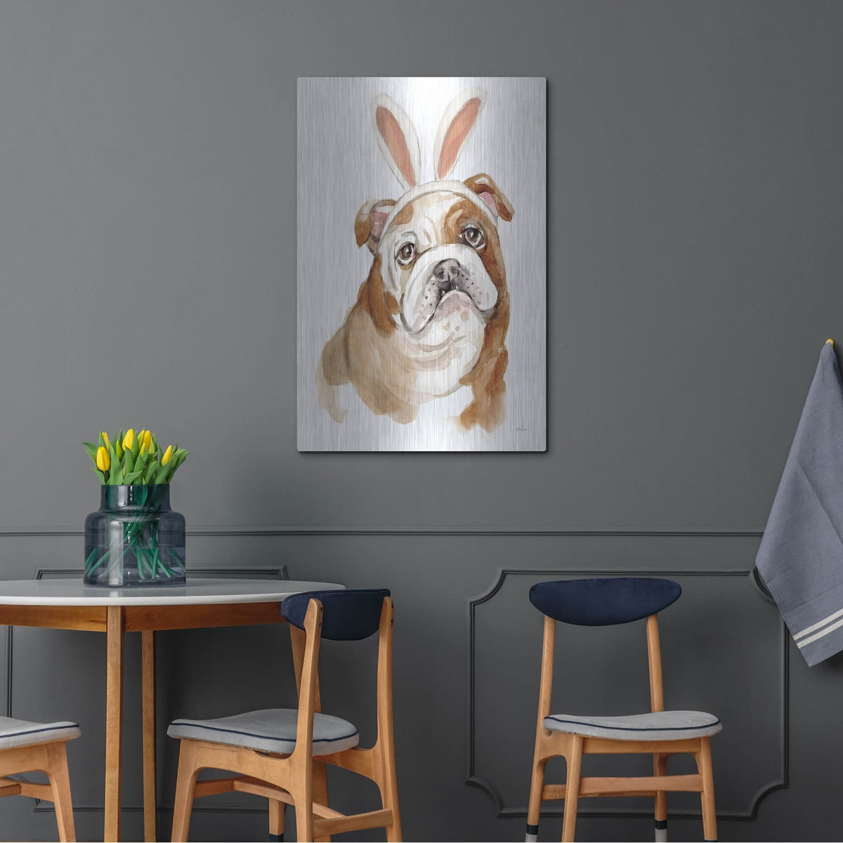 'Easter Bulldog' by Katrina Pete – Metal Wall Art, 24x36 room view