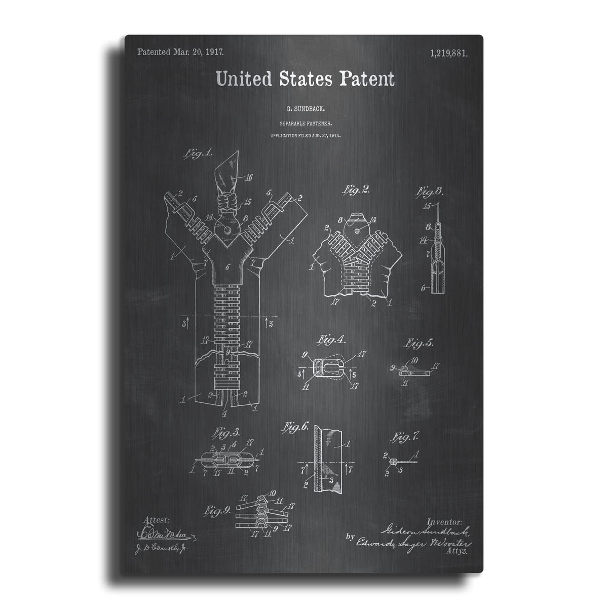 'Zipper Blueprint Patent Chalkboard' – Metal Wall Art
