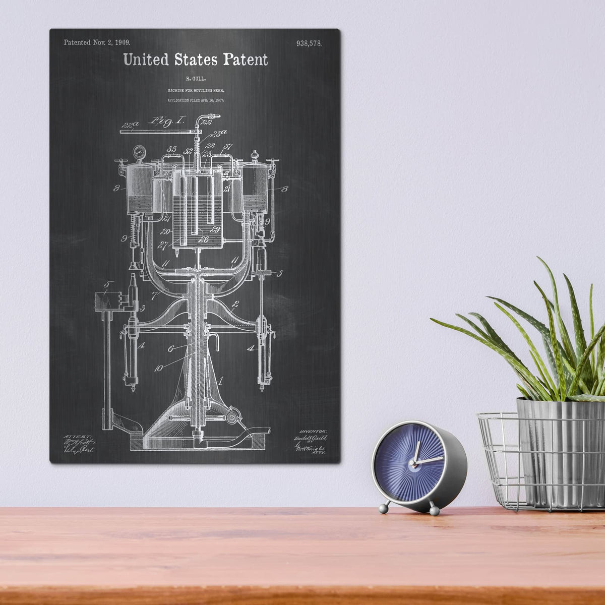 'Beer Bottling Machine Blueprint Patent Chalkboard' – Metal Wall Art, 12x16 room view