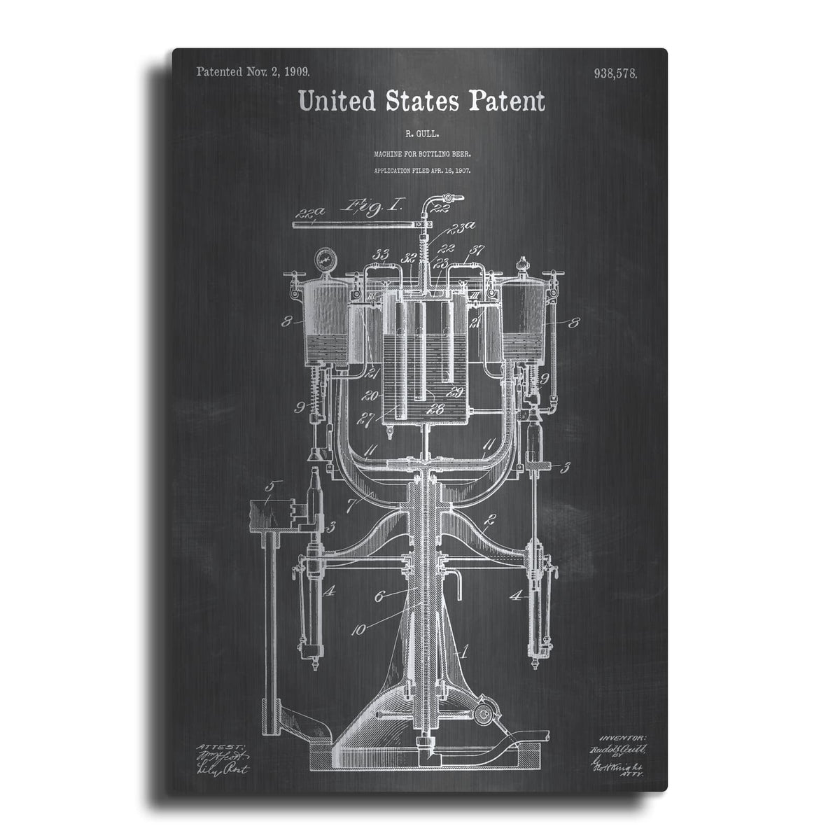 'Beer Bottling Machine Blueprint Patent Chalkboard' – Metal Wall Art