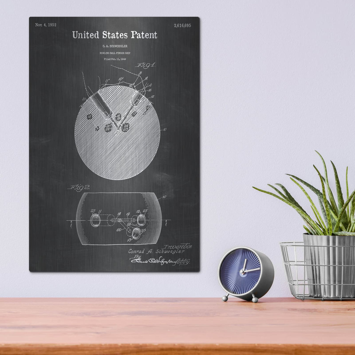 'Bowling Ball Finger Grip Blueprint Patent Chalkboard' – Metal Wall Art, 12x16 room view