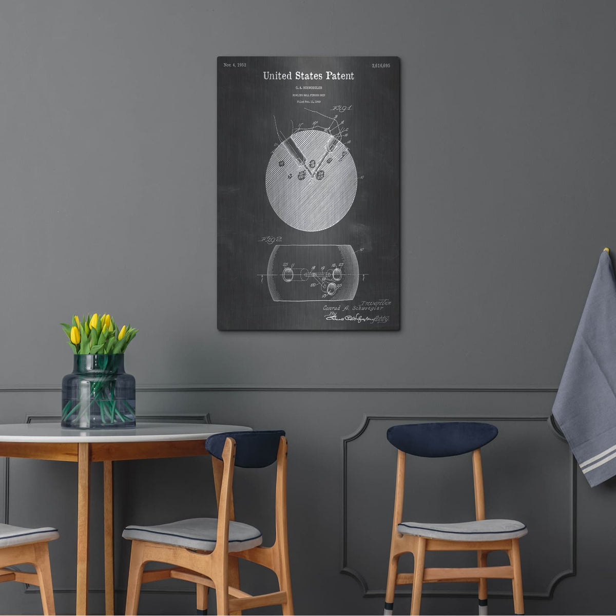 'Bowling Ball Finger Grip Blueprint Patent Chalkboard' – Metal Wall Art, 24x36 room view