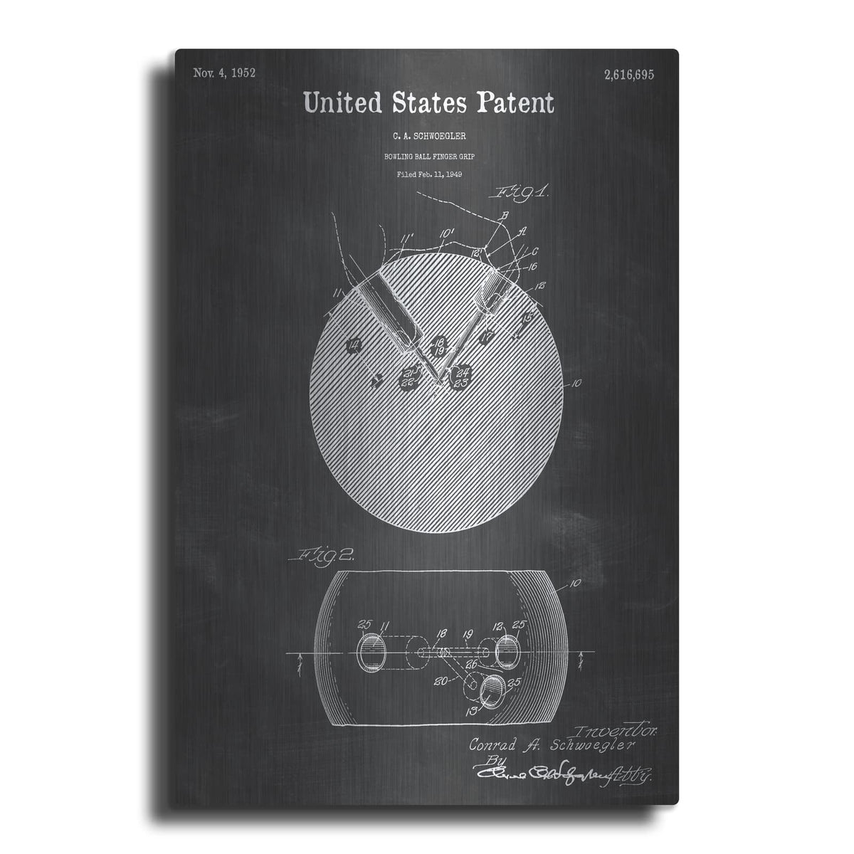 'Bowling Ball Finger Grip Blueprint Patent Chalkboard' – Metal Wall Art