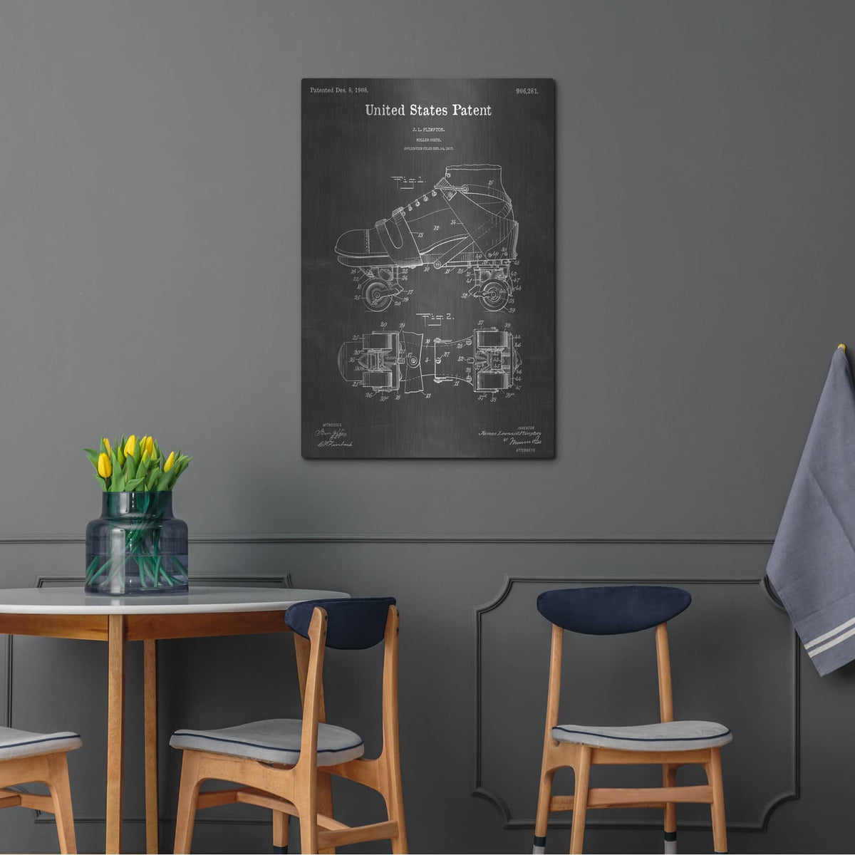 'Roller Skates Blueprint Patent Chalkboard' – Metal Wall Art, 24x36 room view
