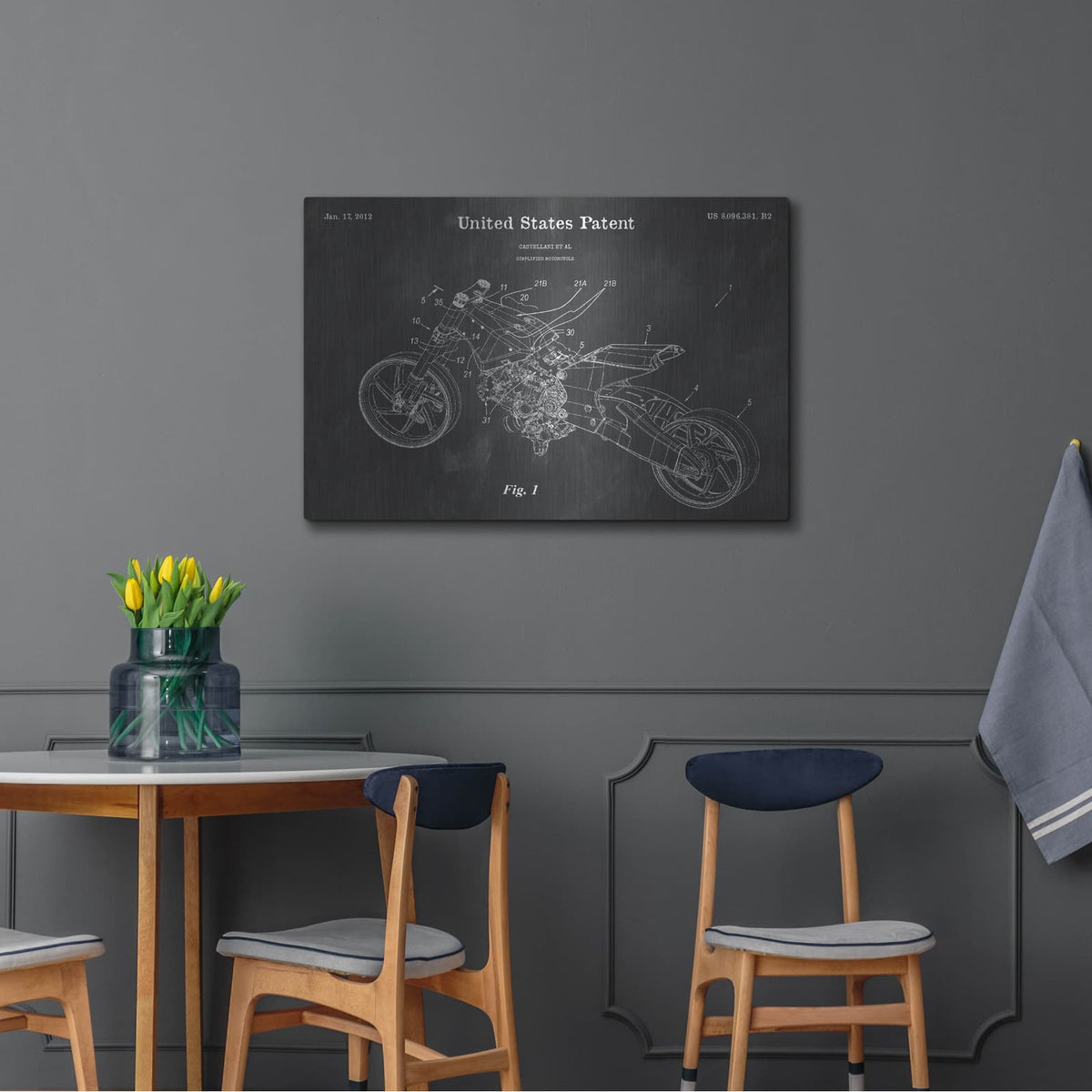 'Motocycle Blueprint Patent Chalkboard' – Metal Wall Art, 36x24 room view