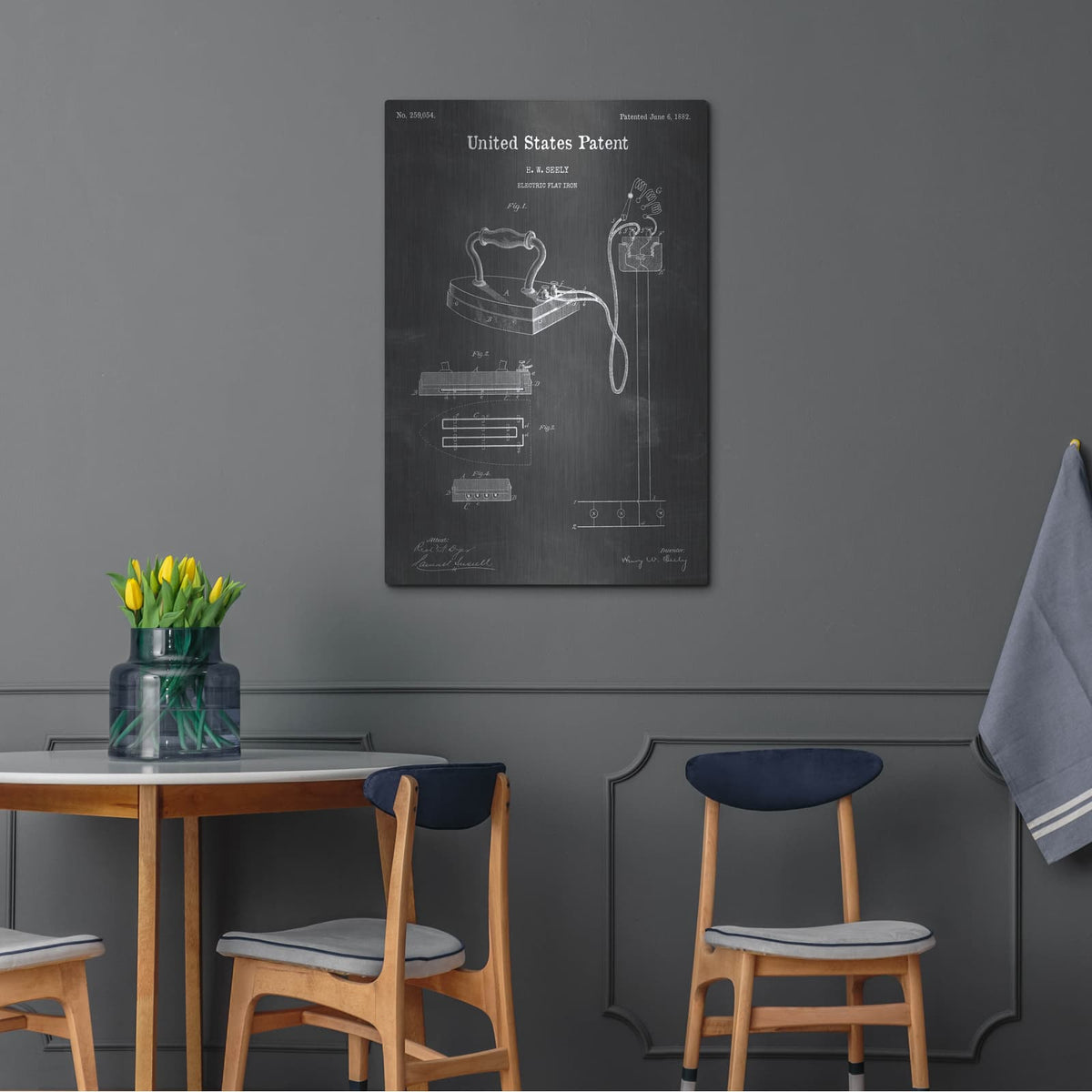 'Electric Flat Iron Blueprint Patent Chalkboard' – Metal Wall Art, 24x36 room view
