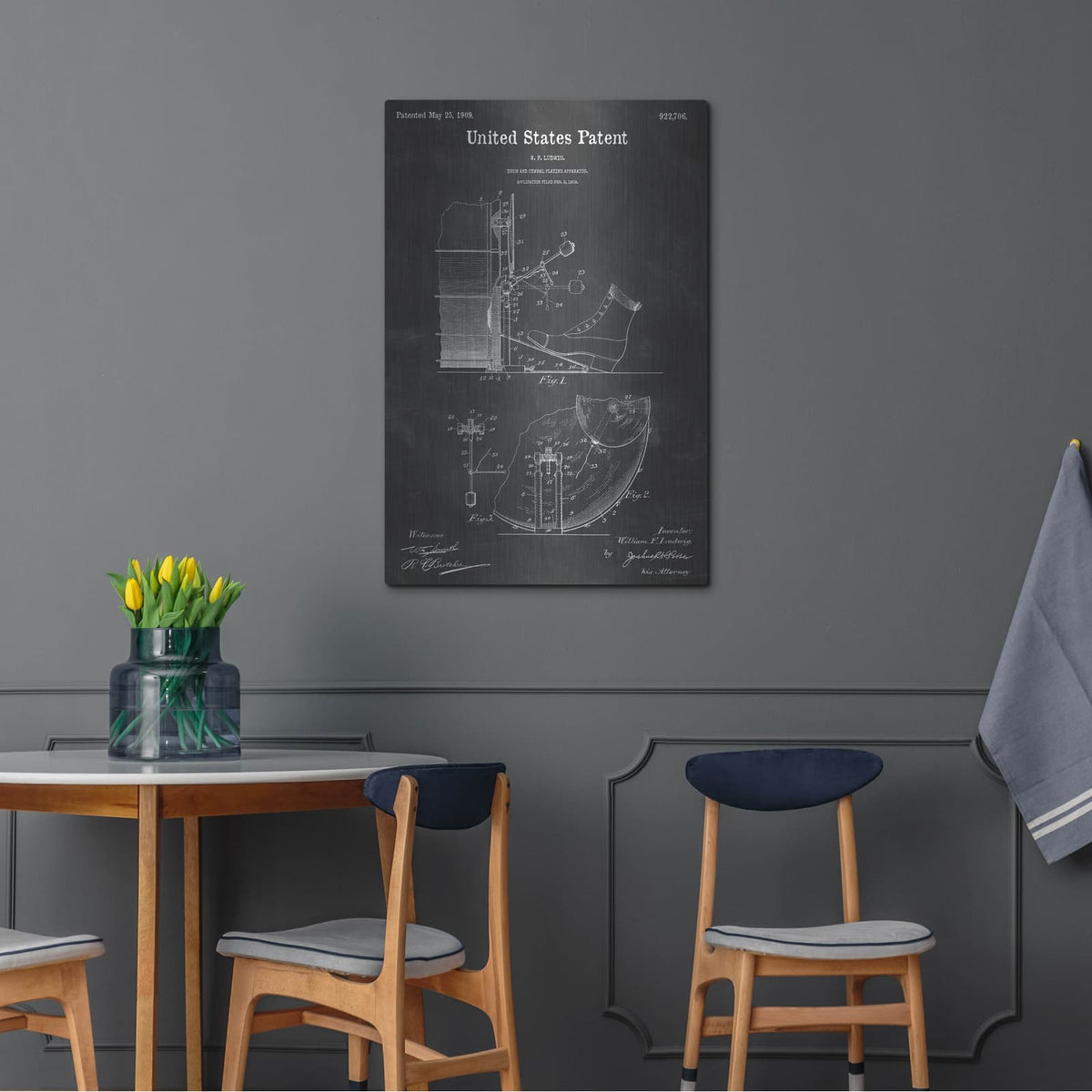 'Drum and Cymbal Blueprint Patent Chalkboard' – Metal Wall Art, 24x36 room view
