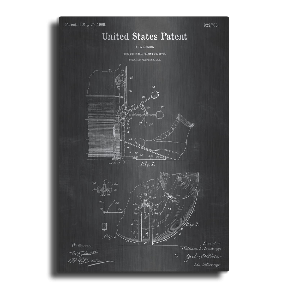 'Drum and Cymbal Blueprint Patent Chalkboard' – Metal Wall Art