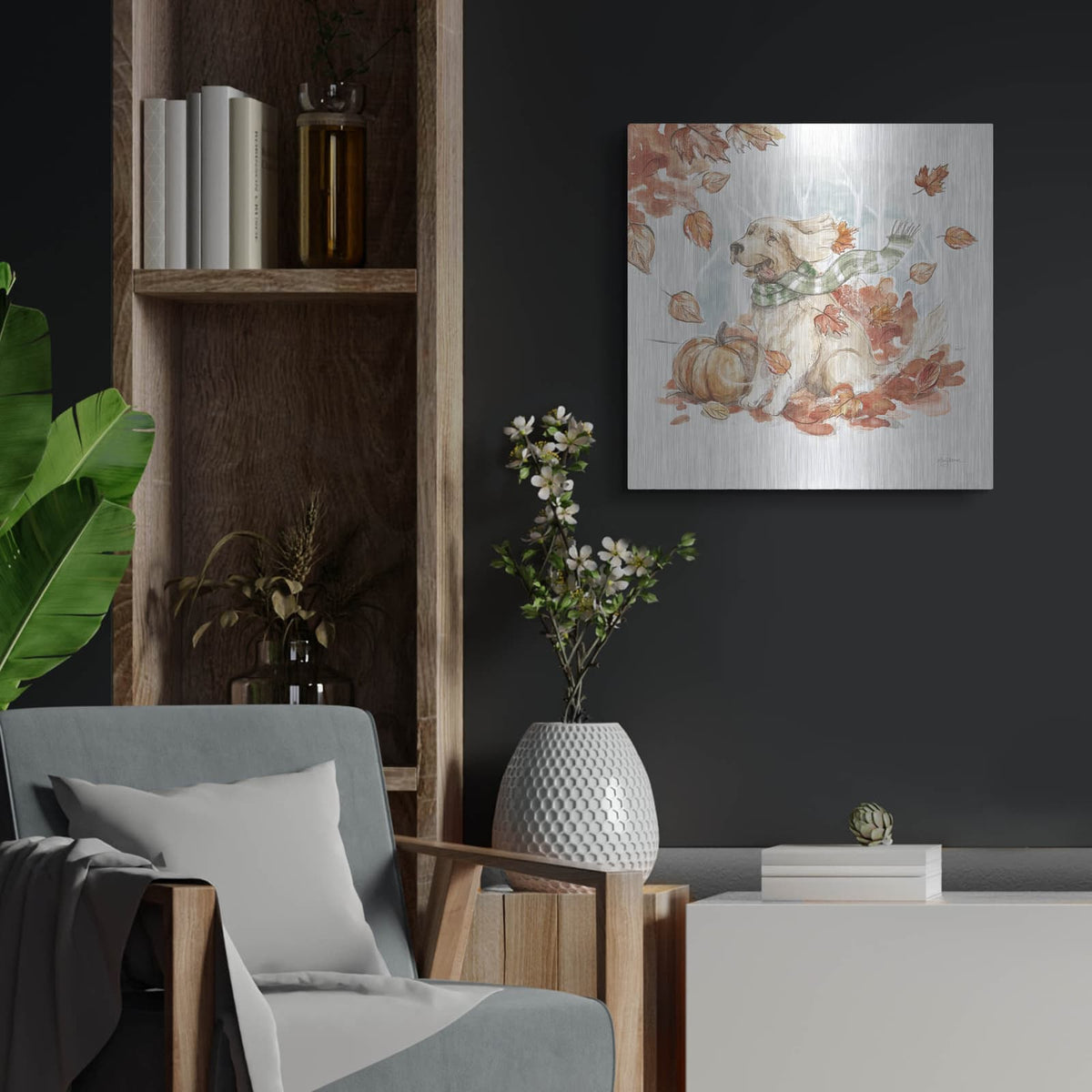 'Autumn Dogs 2' by Mary Urban – Metal Wall Art, 24x24 room view