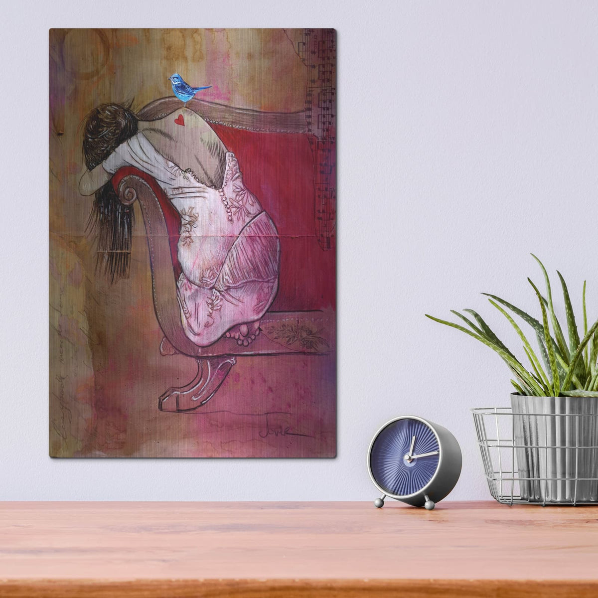 'Red Chaise' by Loui Jover – Metal Wall Art, 12x16 room view