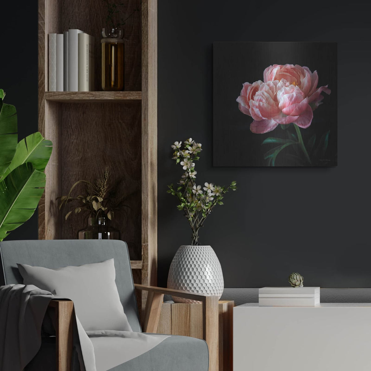 'Coral Peonies 5' by Debra Van Swearingen – Metal Wall Art, 24x24 room view