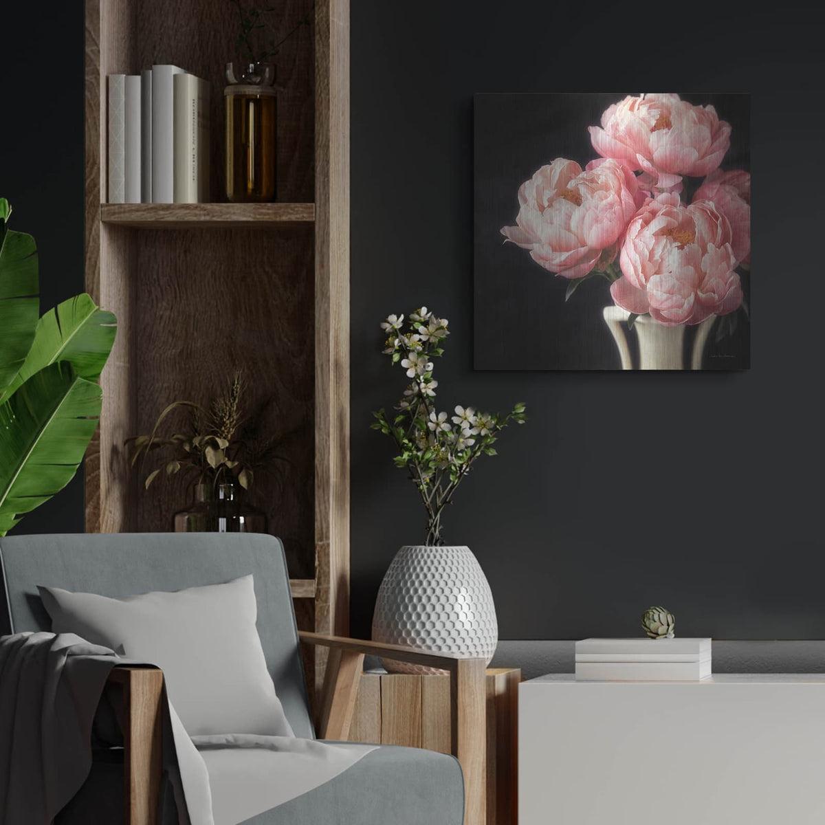 'Coral Peonies 6' by Debra Van Swearingen – Metal Wall Art, 24x24 room view