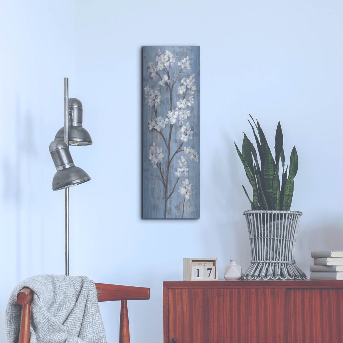 'Almond Branch 1 Slate Blue' by Silvia Vassileva – Metal Wall Art, 12x36 room view