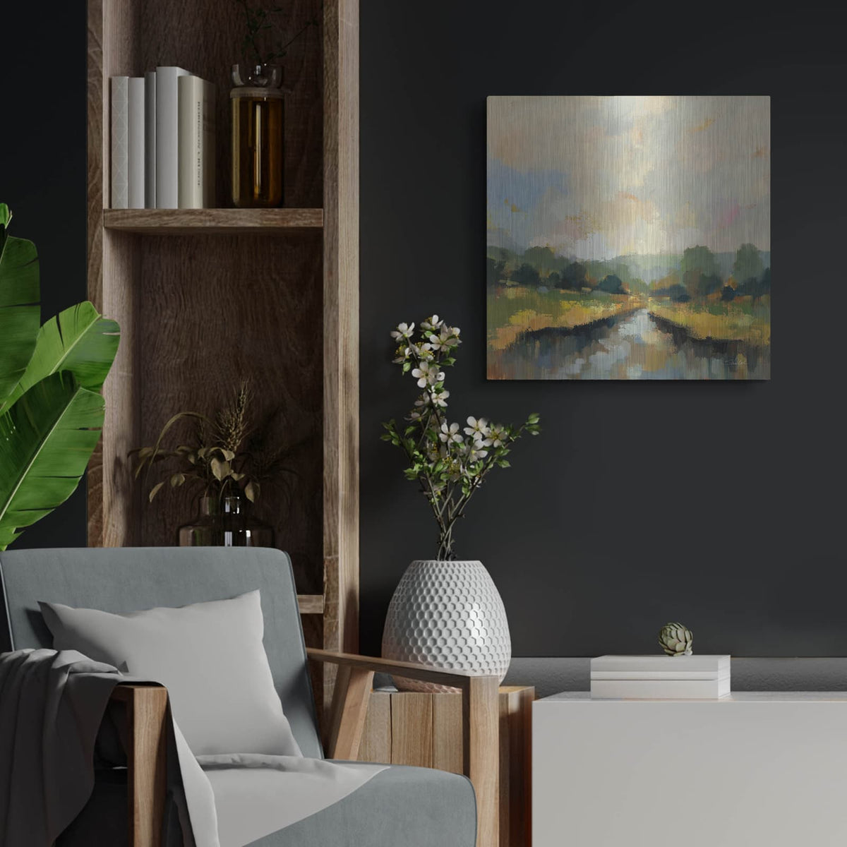 'Amber Riverbank' by Silvia Vassileva – Metal Wall Art, 24x24 room view