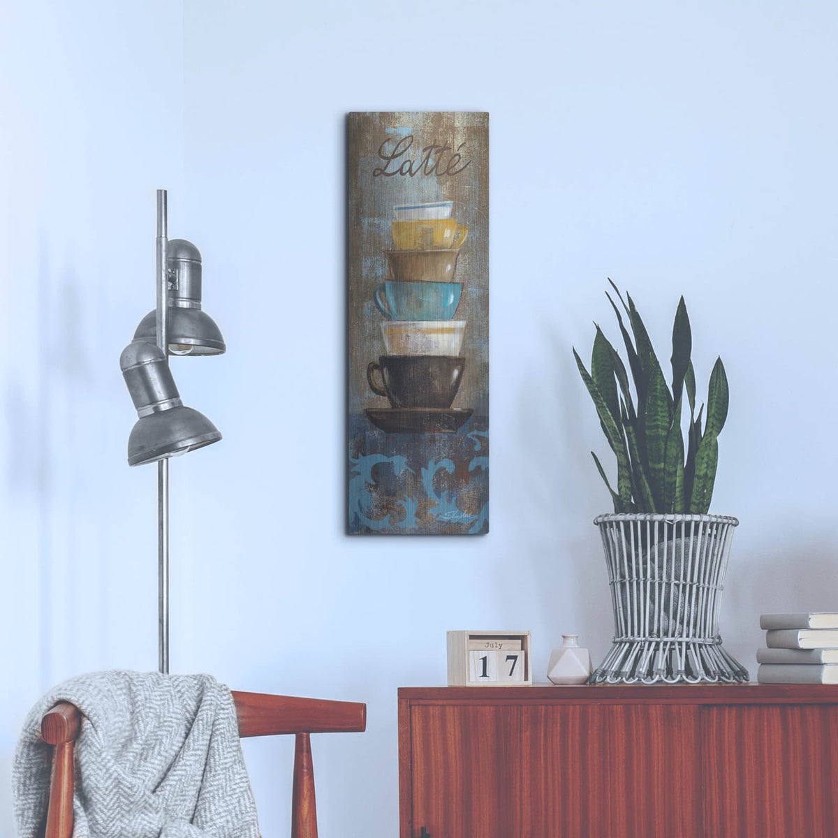 'Antique Coffee Cups 2' by Silvia Vassileva – Metal Wall Art, 12x36 room view
