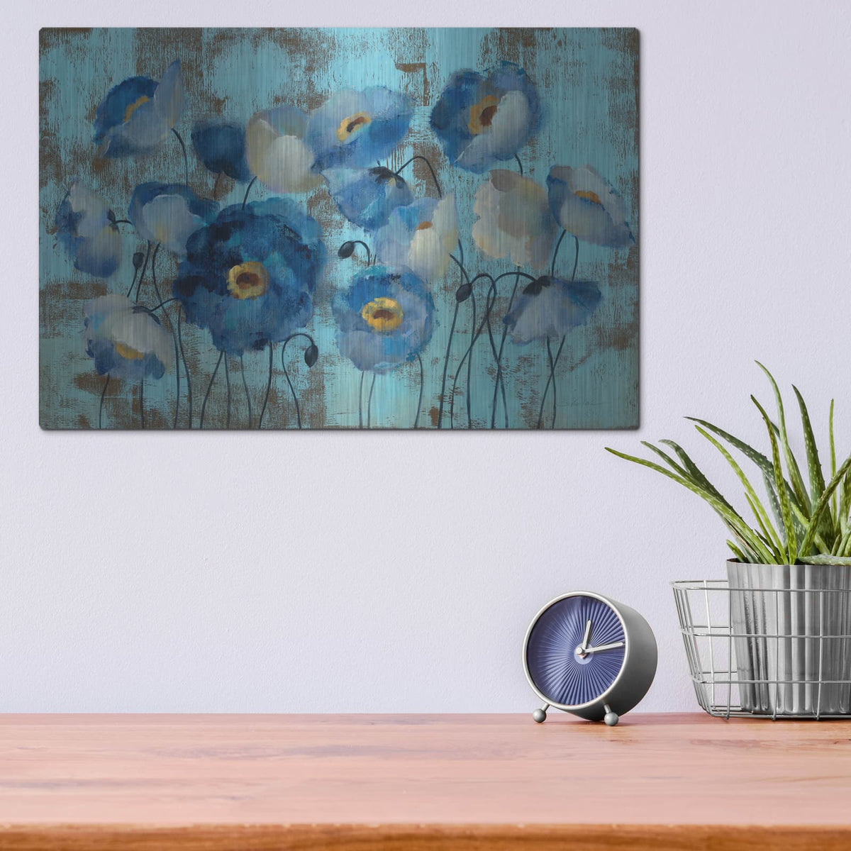 'Aquamarine Floral On Blue' by Silvia Vassileva – Metal Wall Art, 16x12 room view