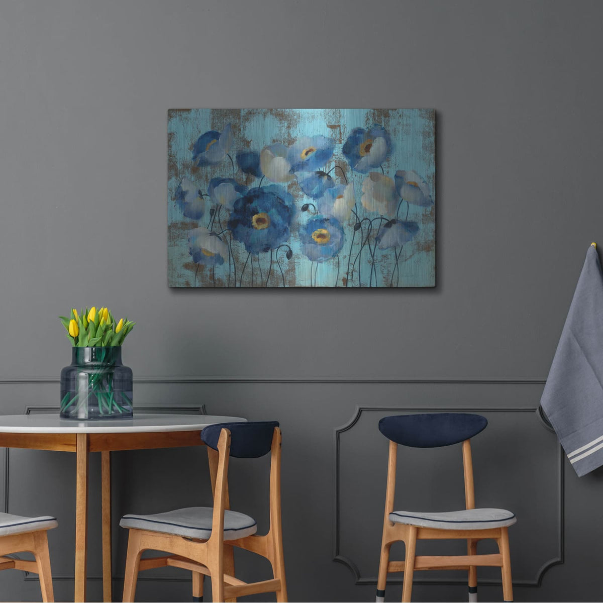 'Aquamarine Floral On Blue' by Silvia Vassileva – Metal Wall Art, 36x24 room view