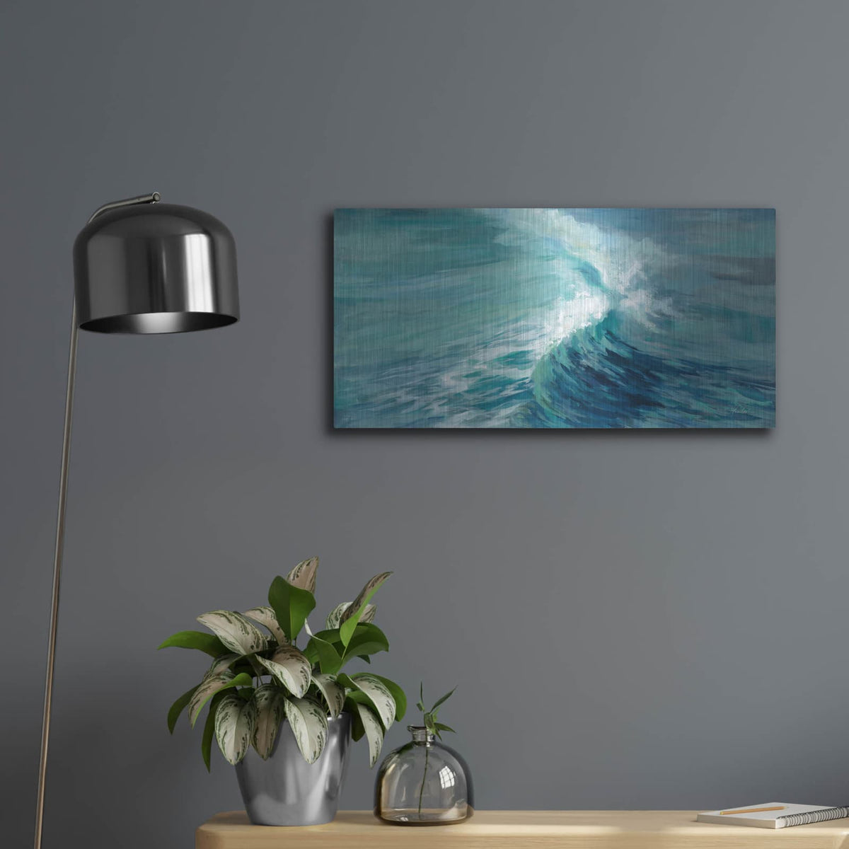 'Aquamarine Wave' by Silvia Vassileva – Metal Wall Art, 24x12 room view