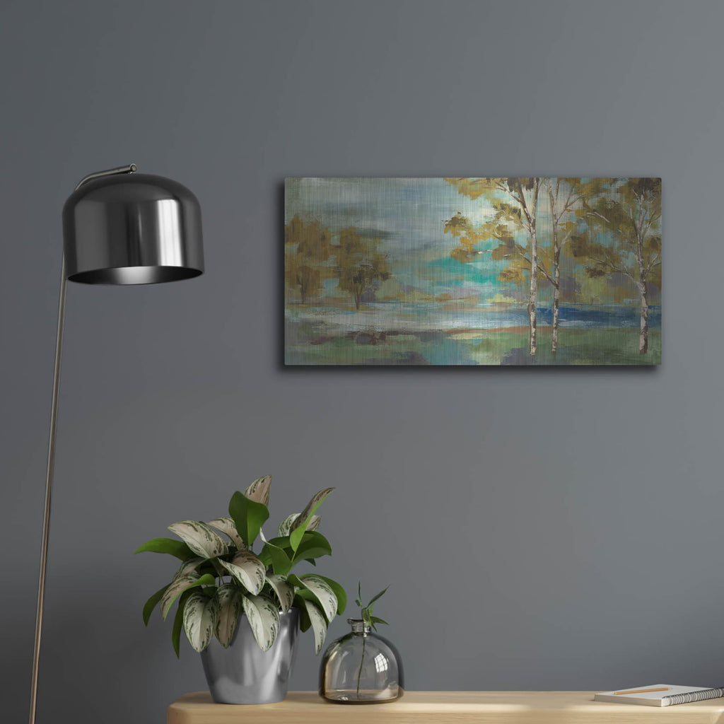 'Aspens by The Lake Yellow' by Silvia Vassileva – Metal Wall Art, 24x12 room view