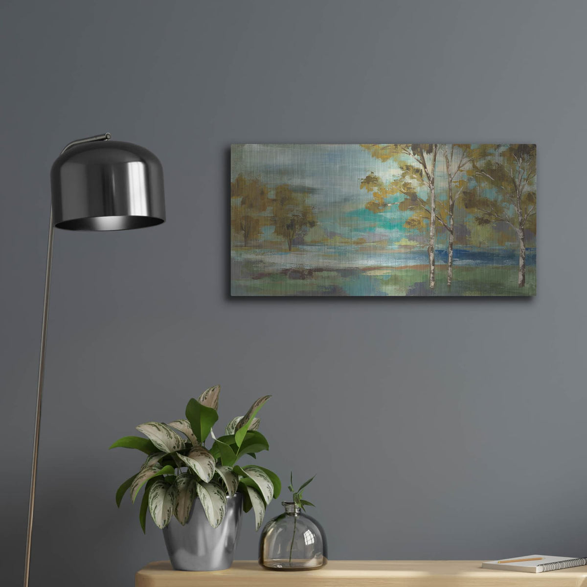 'Aspens by The Lake Yellow' by Silvia Vassileva – Metal Wall Art, 24x12 room view