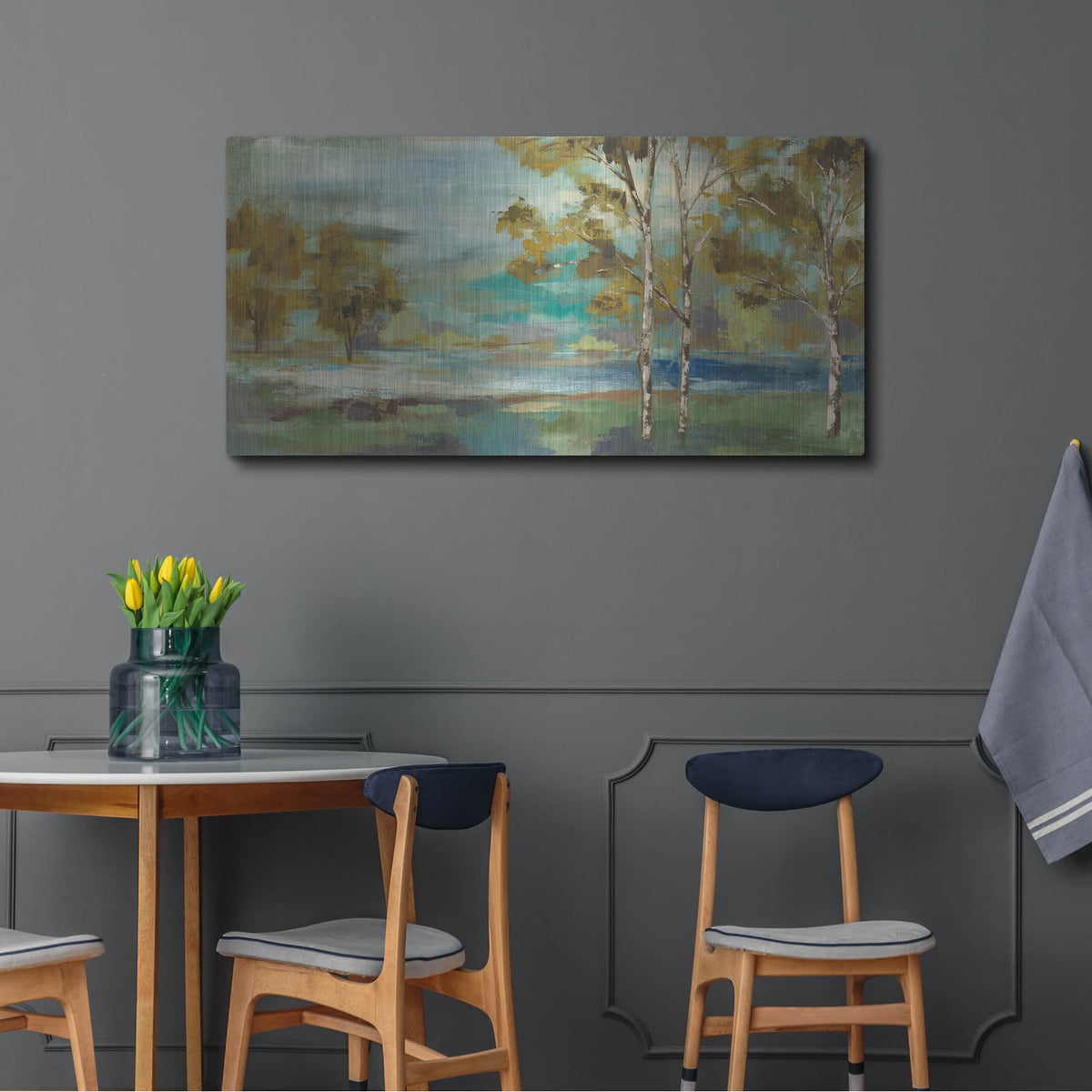 'Aspens by The Lake Yellow' by Silvia Vassileva – Metal Wall Art, 48x24 room view