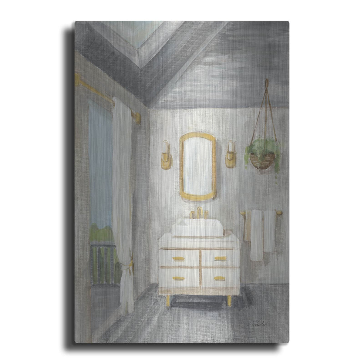 'Attic Bathroom 1 Gray Wood' by Silvia Vassileva – Metal Wall Art