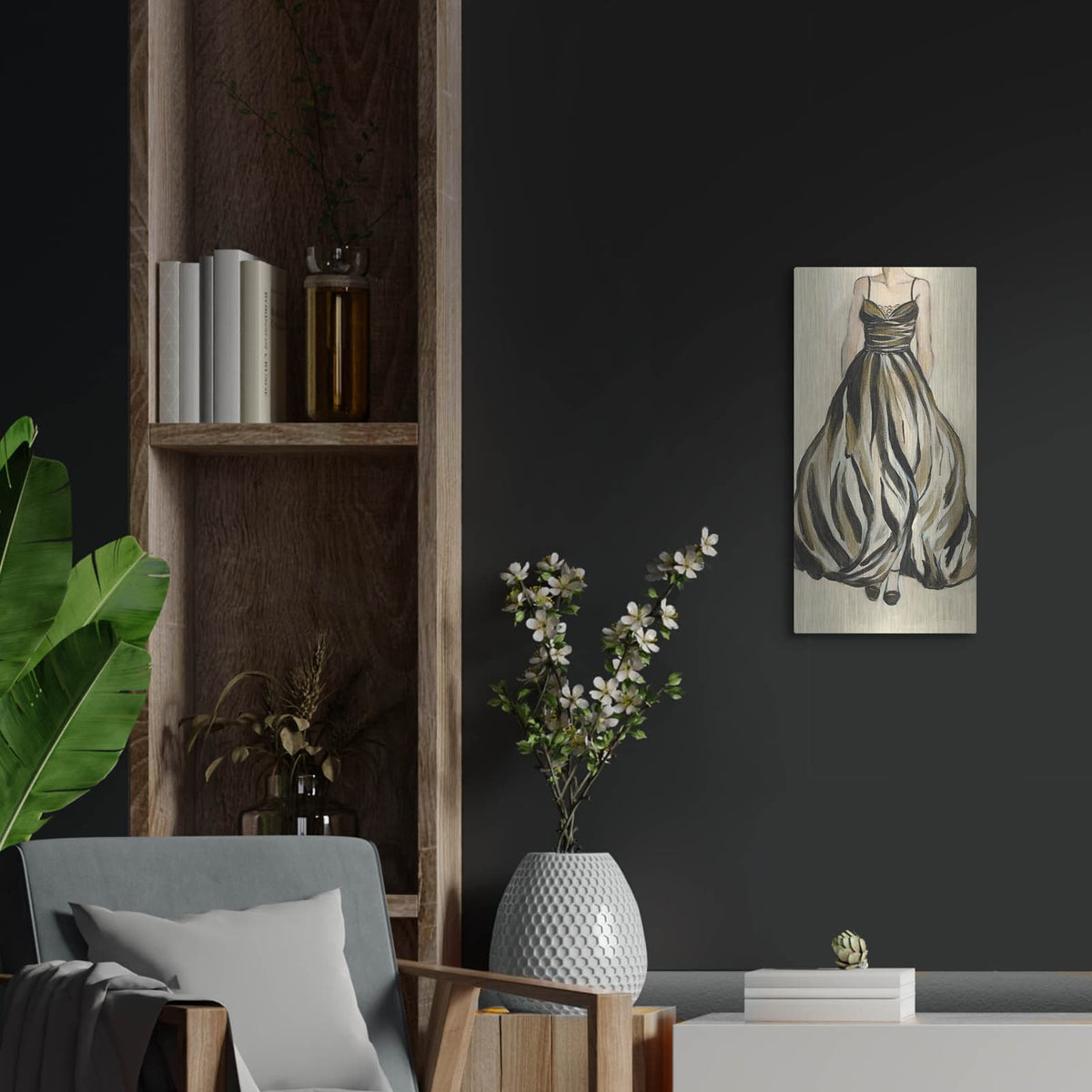 'Evening Gown 3 C' by Silvia Vassileva – Metal Wall Art, 12x24 room view