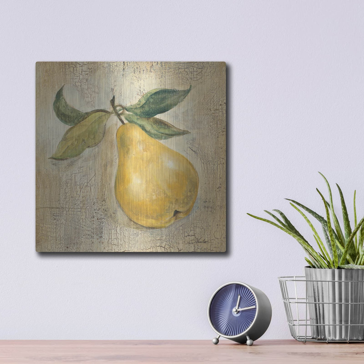 'French Pear' by Silvia Vassileva – Metal Wall Art, 12x12 room view