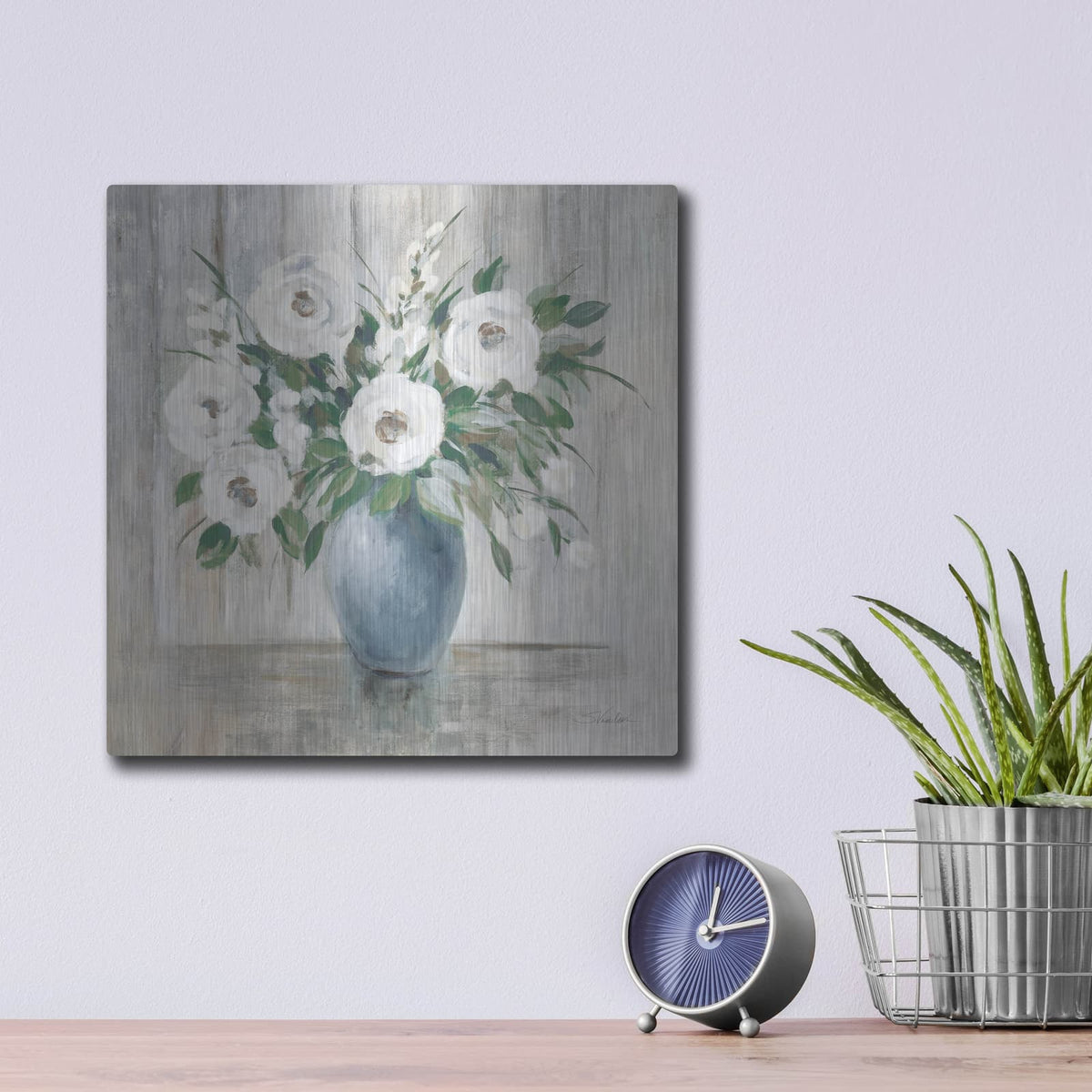 'Gray Barn Floral Light' by Silvia Vassileva – Metal Wall Art, 12x12 room view