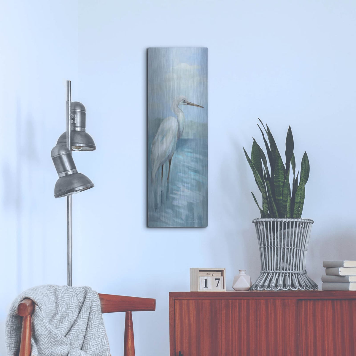 'Heron 1 Light' by Silvia Vassileva – Metal Wall Art, 12x36 room view