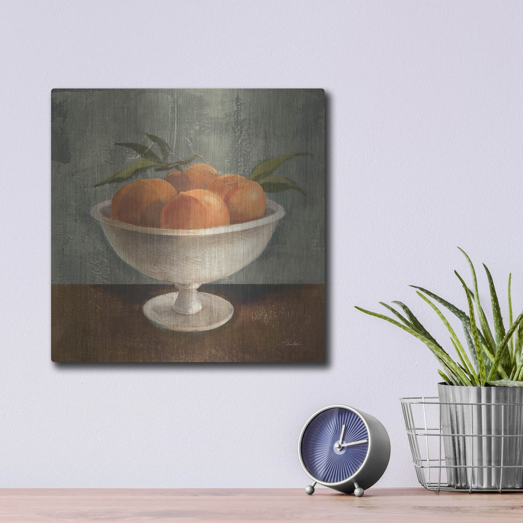 'Peaches In Old Bowl Neutral' by Silvia Vassileva – Metal Wall Art, 12x12 room view