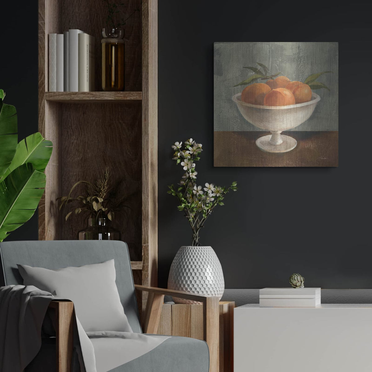 'Peaches In Old Bowl Neutral' by Silvia Vassileva – Metal Wall Art, 24x24 room view