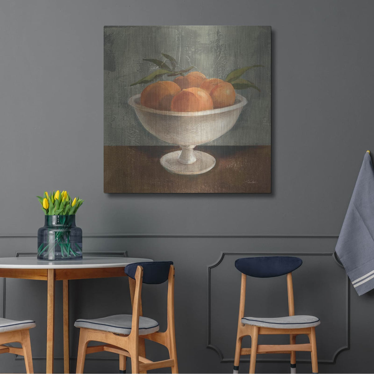 'Peaches In Old Bowl Neutral' by Silvia Vassileva – Metal Wall Art, 36x36 room view