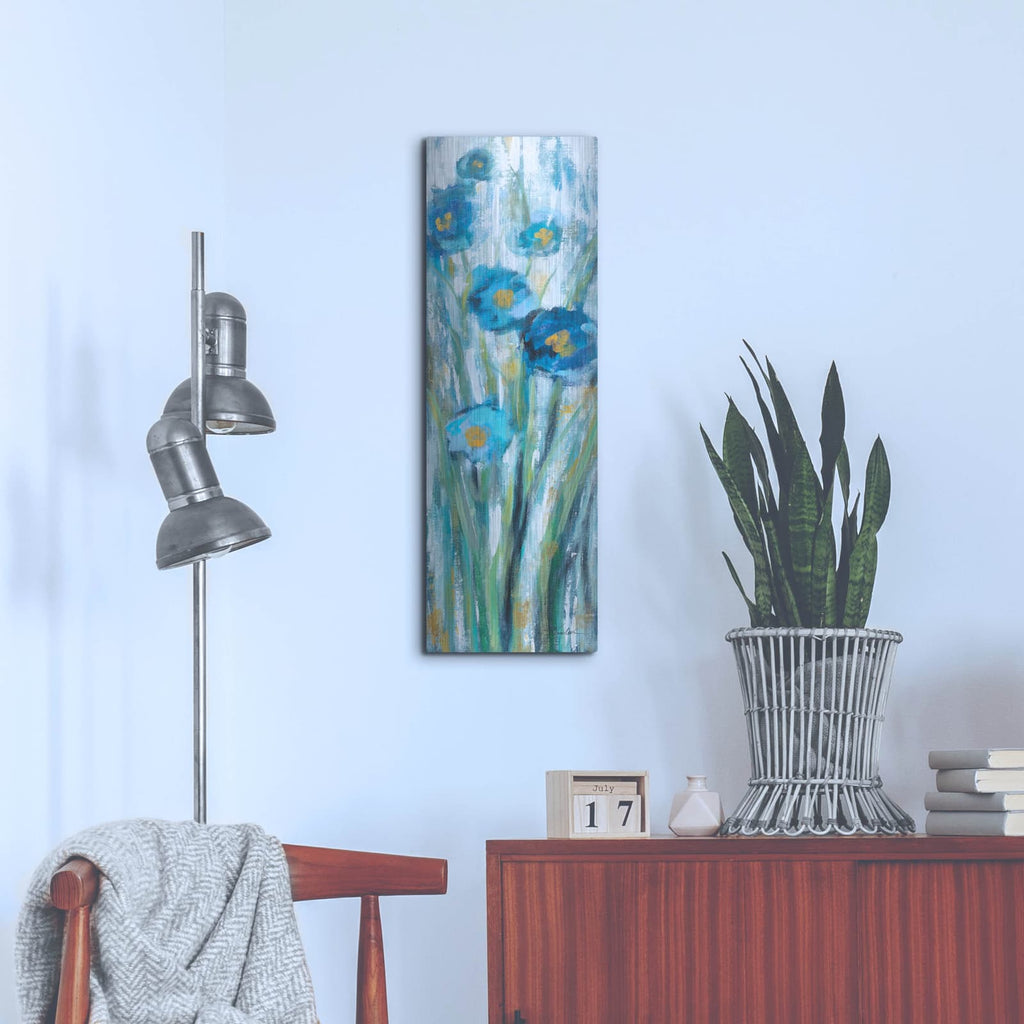 'Tall Blue Flowers 1' by Silvia Vassileva – Metal Wall Art, 12x36 room view