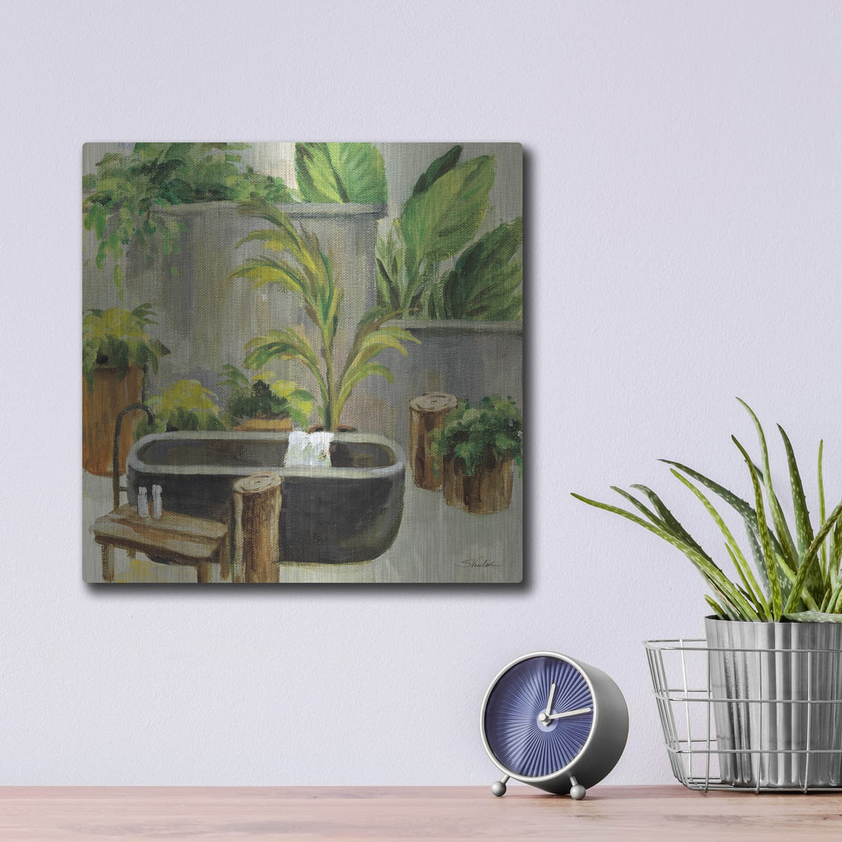 'Tropical Bath 1' by Silvia Vassileva – Metal Wall Art, 12x12 room view
