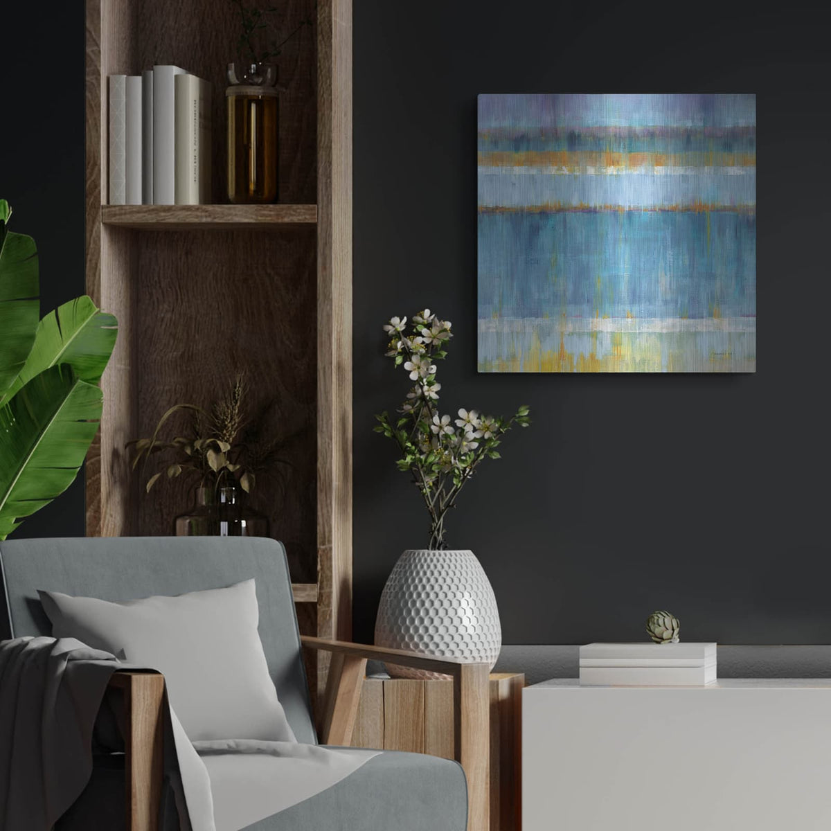 'Abstract Stripes Blue' by Danhui Nai – Metal Wall Art, 24x24 room view