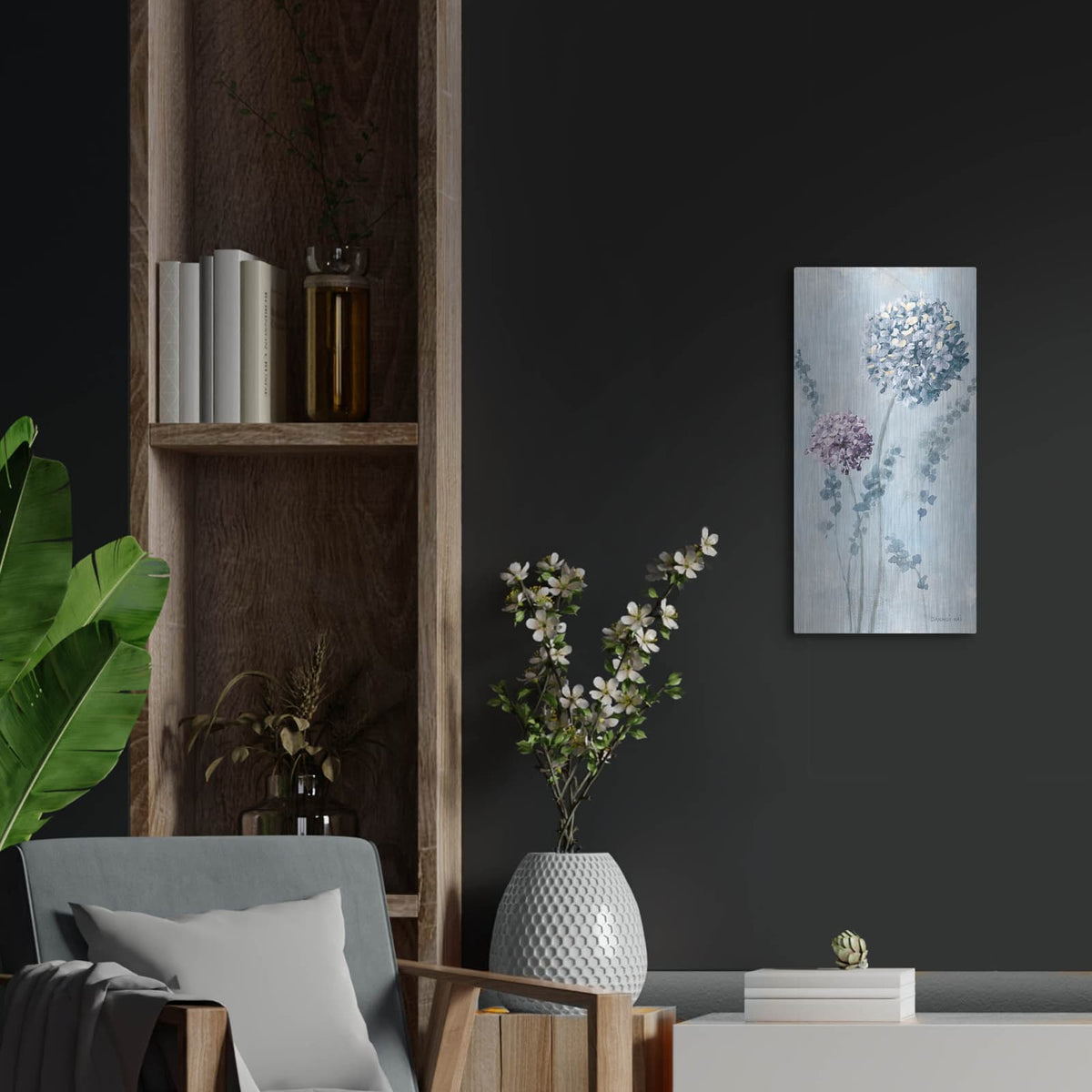 'Airy Blooms 1 Purple' by Danhui Nai – Metal Wall Art, 12x24 room view