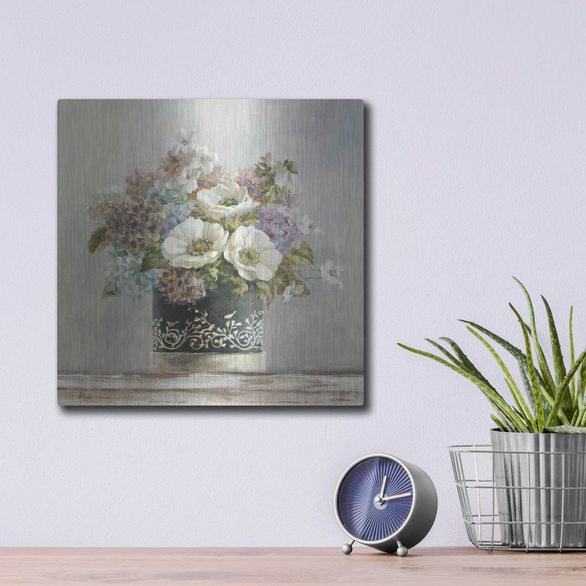 'Anemones In Black And White Hatbox' by Danhui Nai – Metal Wall Art, 12x12 room view