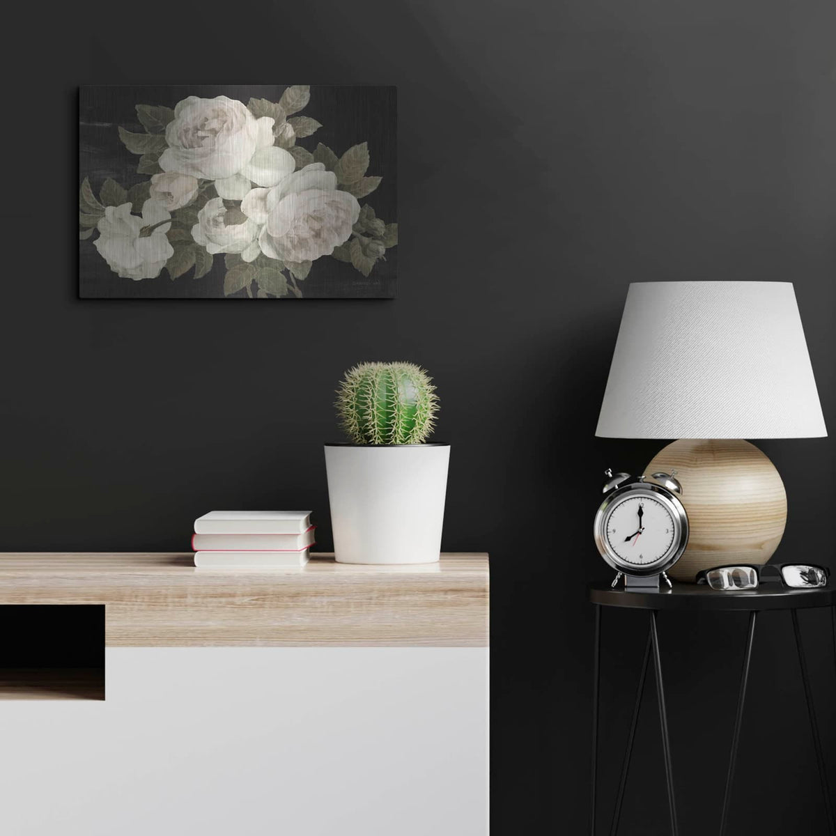 'Anitque Roses On Black' by Danhui Nai – Metal Wall Art, 24x16 room view