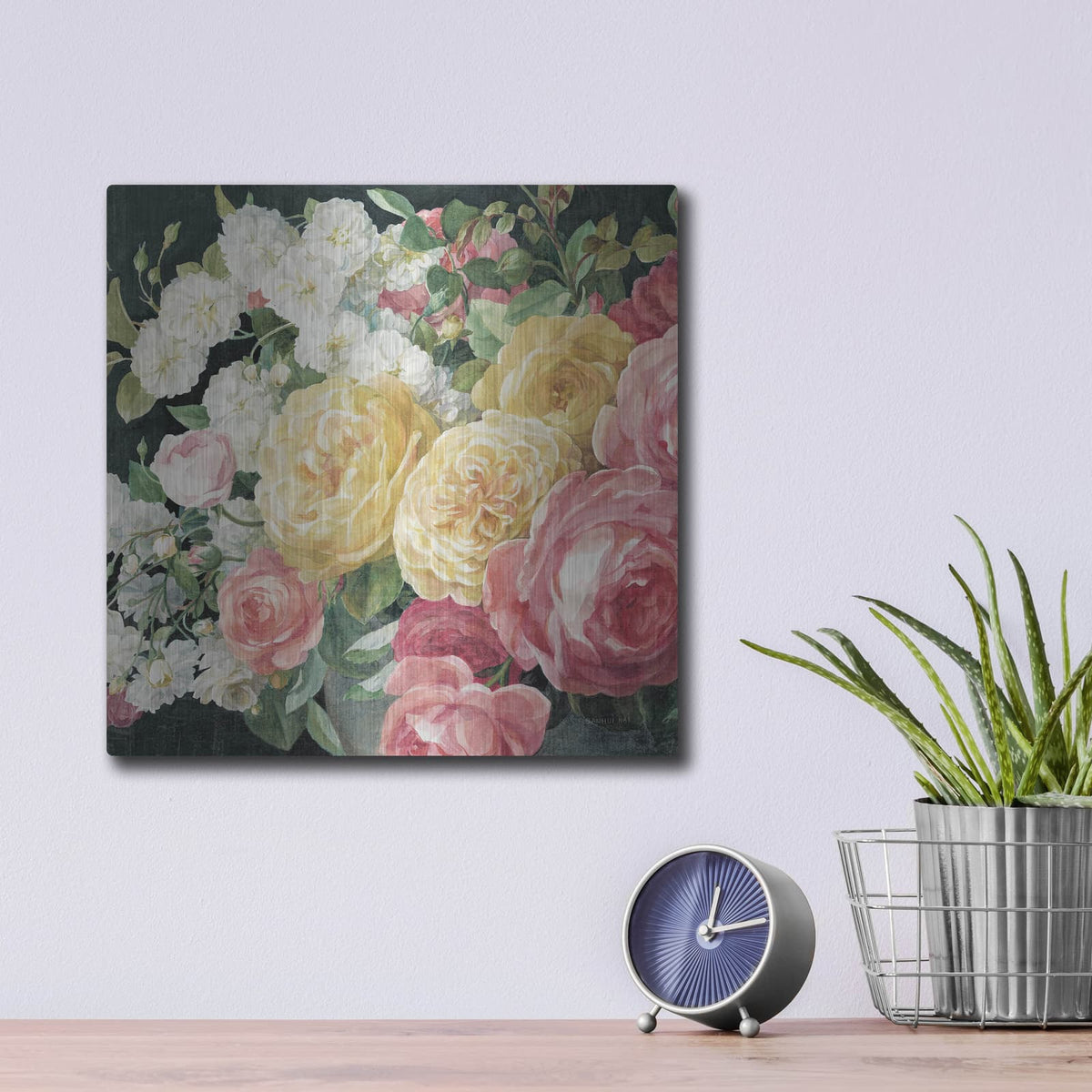 'Antique Roses On Black C' by Danhui Nai – Metal Wall Art, 12x12 room view