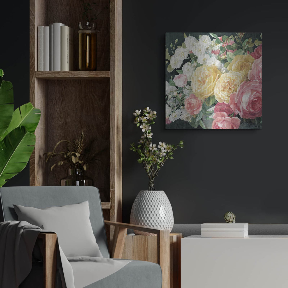 'Antique Roses On Black C' by Danhui Nai – Metal Wall Art, 24x24 room view