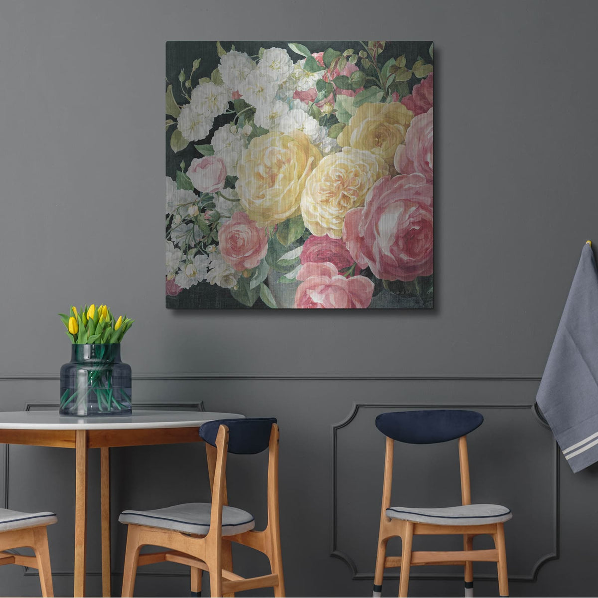 'Antique Roses On Black C' by Danhui Nai – Metal Wall Art, 36x36 room view