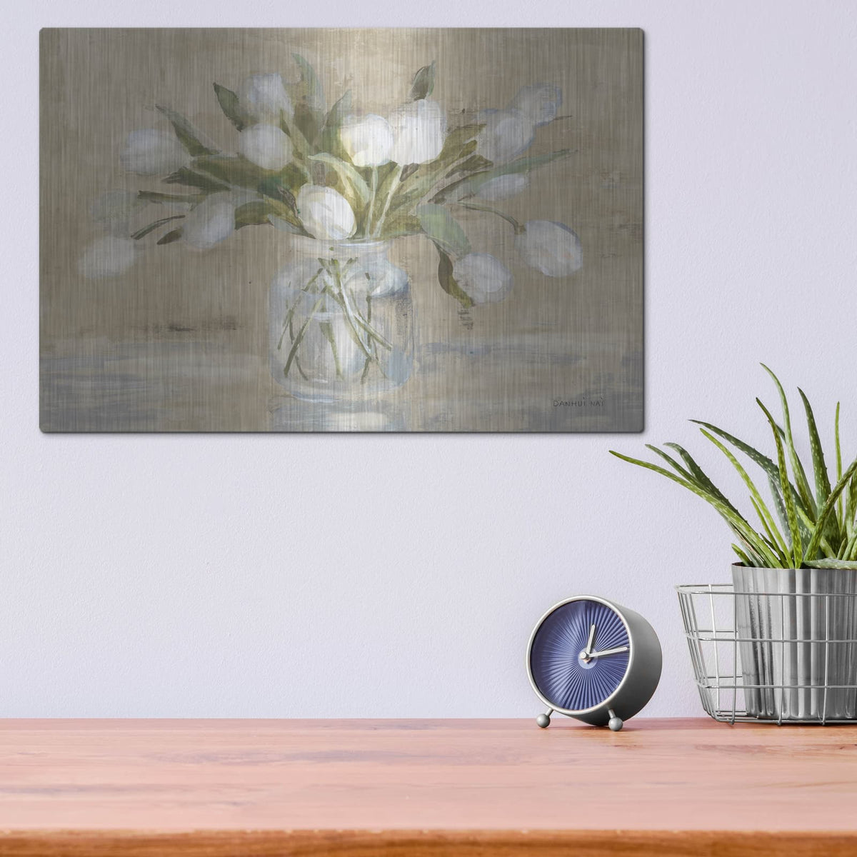 'April Tulips Neutral' by Danhui Nai – Metal Wall Art, 16x12 room view